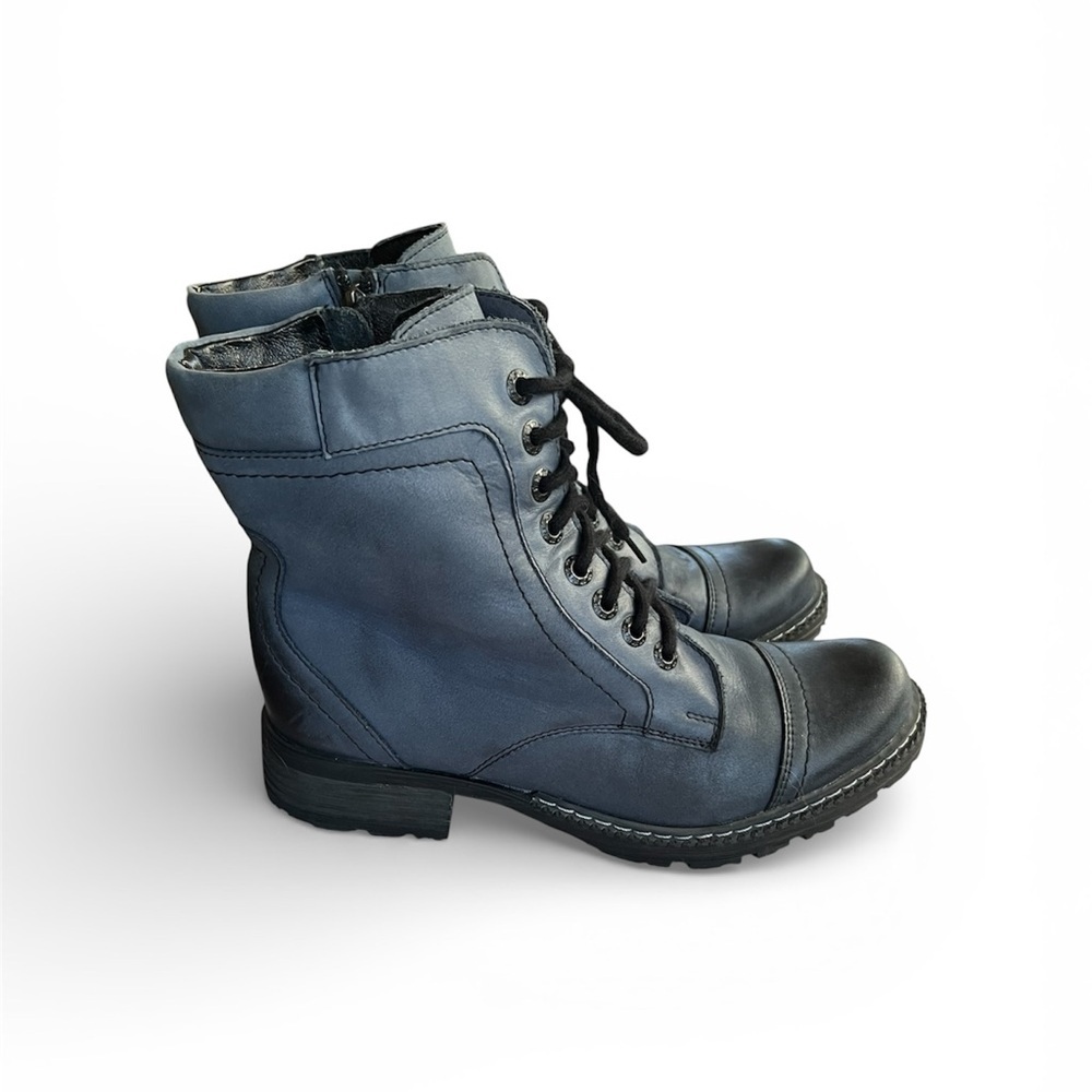 V Italia Blue Edgy Moto Combat Leather Boots Lace-Up Zip SZ 39 (US 8.5-9)